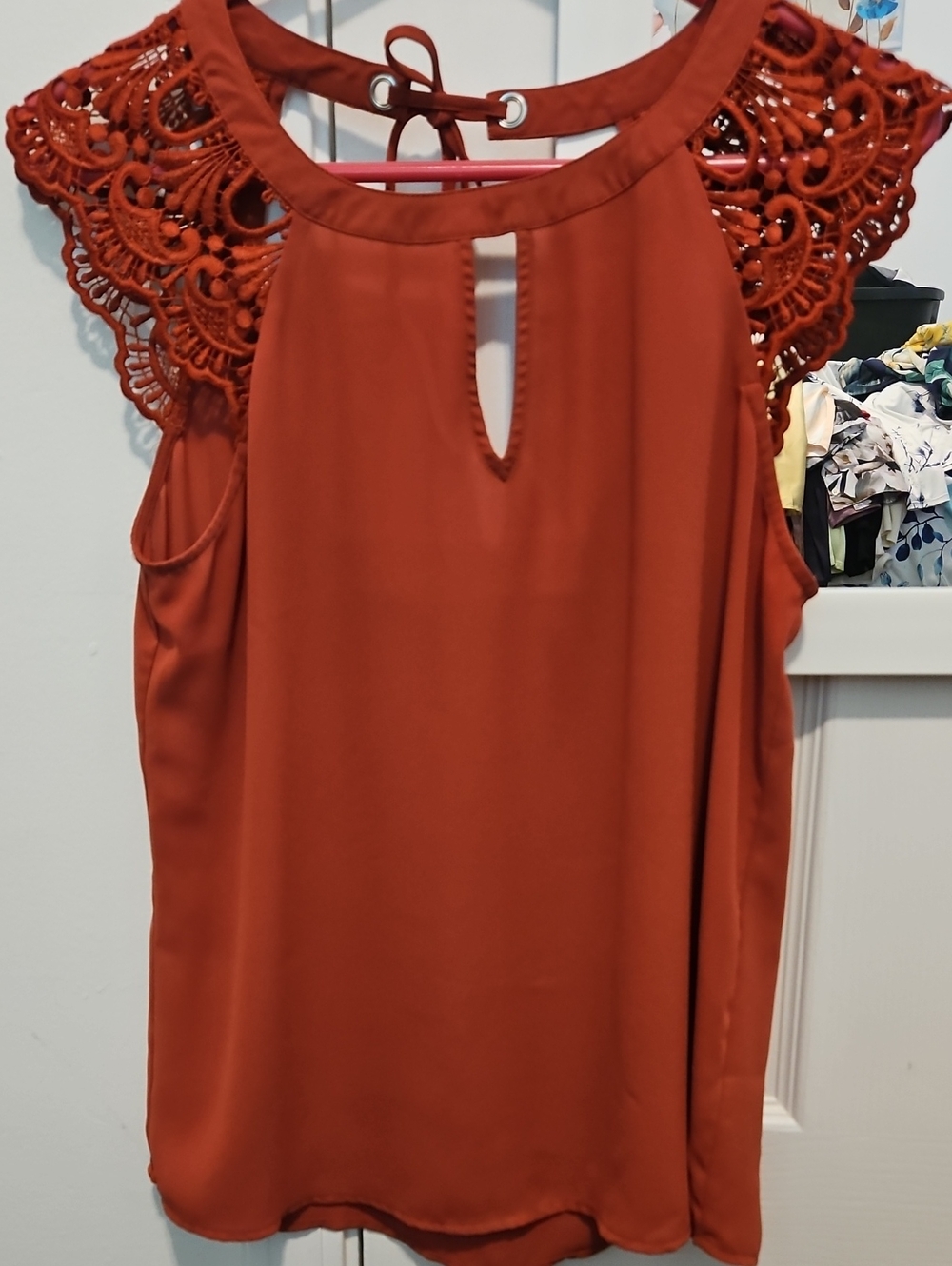 Express Burnt Orange Crochet Cap-Sleeve Keyhole Top